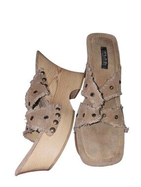 💰Vintage Splash Beige Frayed Strap Wood-Effect Platform Sandals